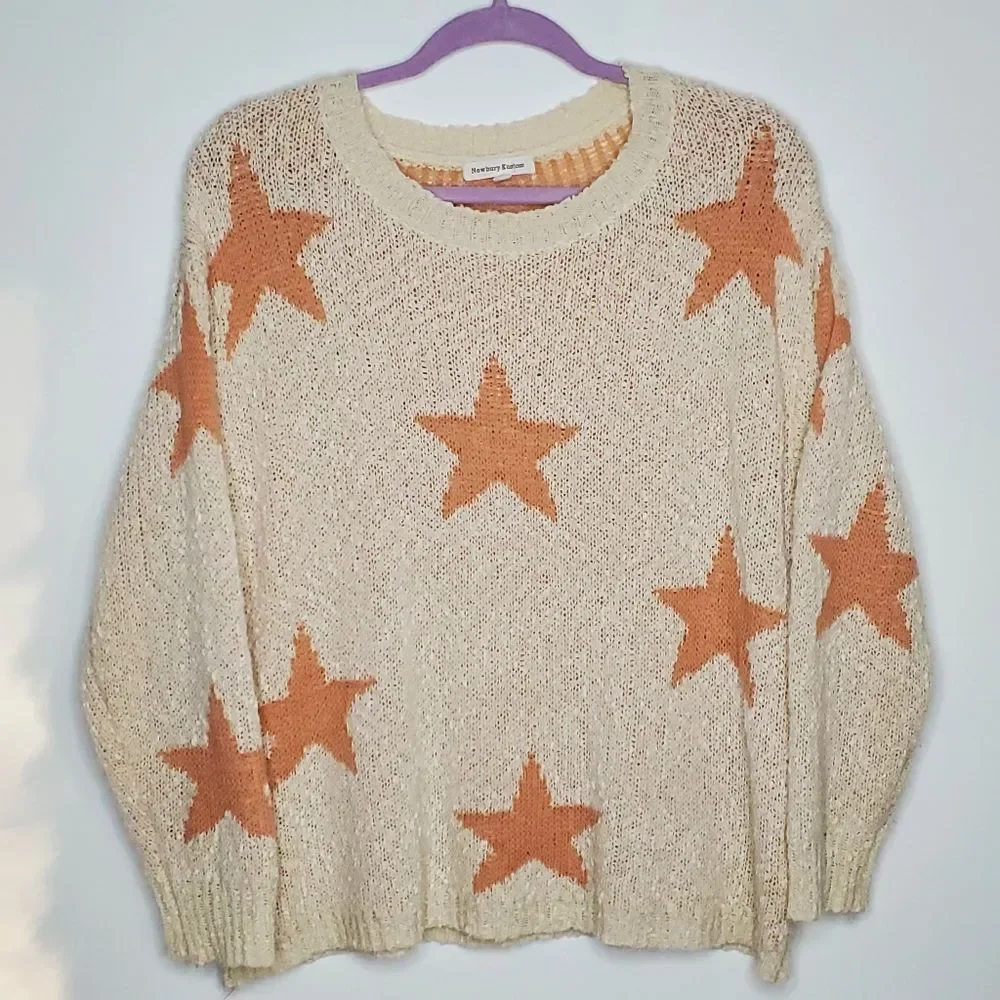 Newbury Kustom Cream Coral Pink Knit Star Print Pullover Slouchy Sweater Size M